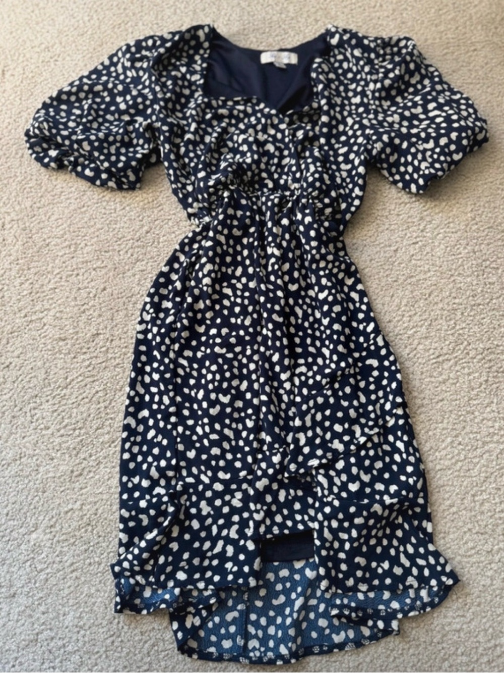 She + Sky Navy and White Dot Puff-Sleeve Dress fit flare classy